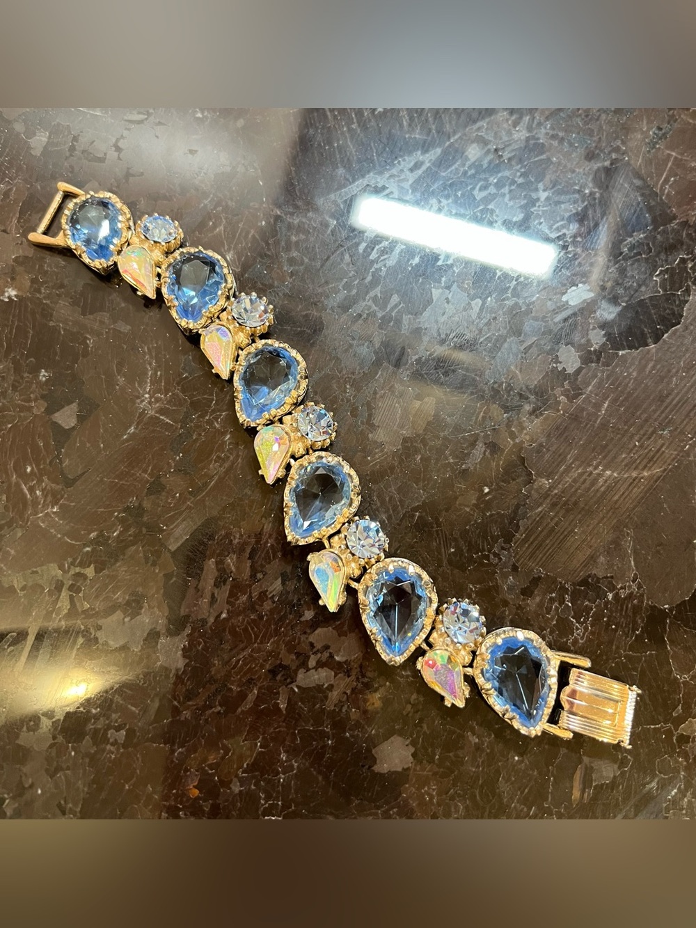 Vintage ART Arthur Pepper Silvertone Blue Glass Chunky Bracelet Rhinestones Glam